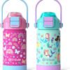 Fimibuke Kids Insulated Water Bottle with Pop-Open Straw & Spout 2-in-1 Lid, 14oz Leak Proof 18/8 Stainless Steel Vacuum Tumbler, BPA-Free Kids Cup For Travel School Girls Boys Toddler 2Pack