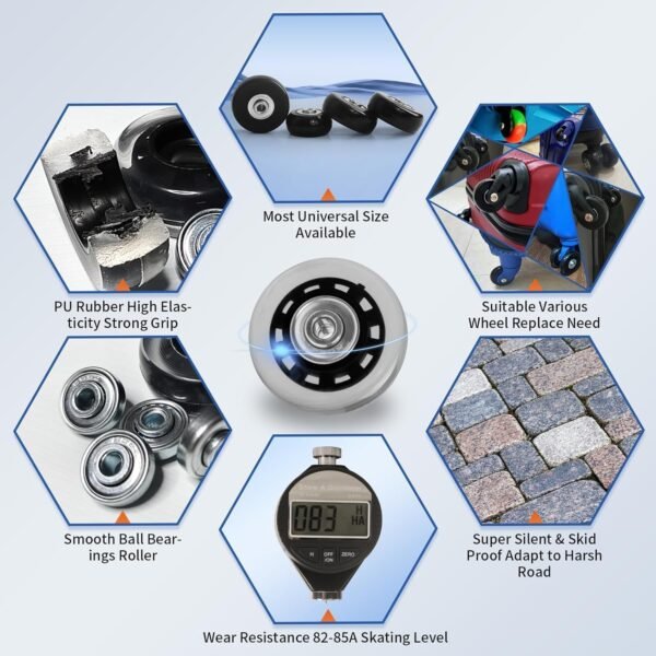 Luggage Wheel Replacement Kit with 4 Rubber Wheels, 3 Size Axles and Bearings for Suitcases and Travel Bags - Image 5