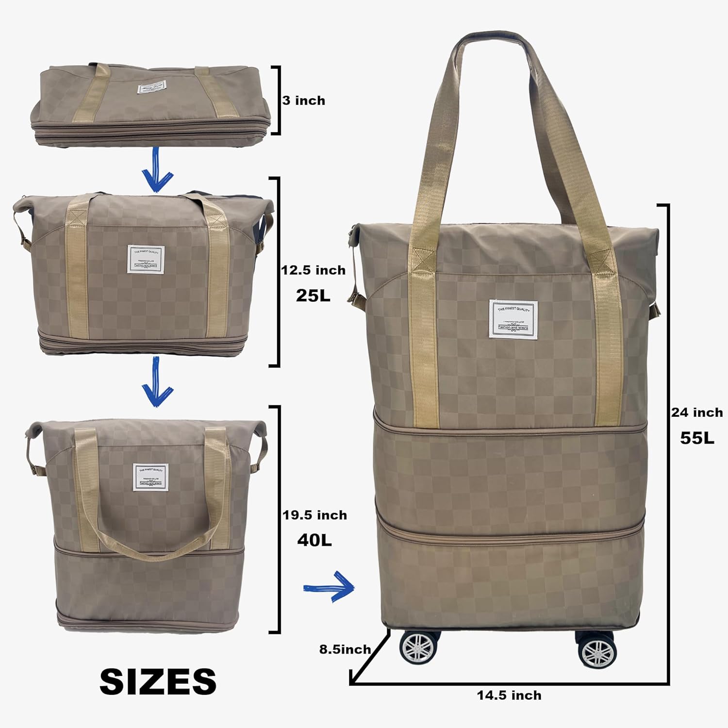 Expandable foldable duffel bag suitcase, detachable rolling wheels,carry-on large duffel bag,luggage bag,suit gym,camping,travel or business trip,Presents for wife,parents-Checkerboard(KHAKI) - Image 4