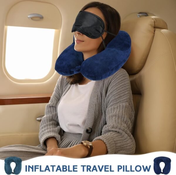 Sintuff 2 Pack Inflatable Travel Pillow for Airplanes Inflatable Neck Pillows with Compact Bag and Blindfold Soft Flight Pillow for Traveling, Airplane, Train, Car, Office(Peacock Green and Blue) - Image 4