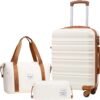 LONG VACATION Luggage Sets 20 IN Carry on Suitcase ABS Handshell Luggage 3 Piece Set with TSA Lock Spinner Wheels (WHITE-BROWN, 20-Inch)