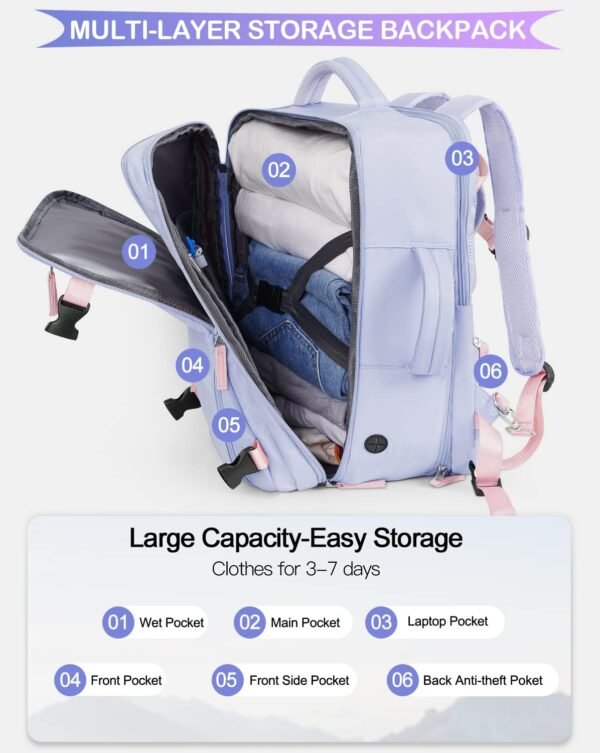 Travel Backpack for Women, Airline Approved Carry On Luggage As Personal Items, 17.3 inch Laptop School Backpack, Waterproof Weekender Bag, Hiking Backpack(Purple) - Image 7