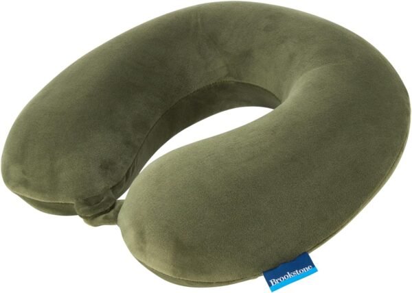 Brookstone Memory Foam Travel Neck Pillow for Vacations, Airplanes, Trains, Buses, and Cars, Size One Size, Olive