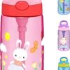Kids Water Bottle with Straw & Handle - 16 oz BPA Free Kids Water Bottles, Spill Proof, Easy-Clean, Dishwasher Safe - Cute Rabbit Pink