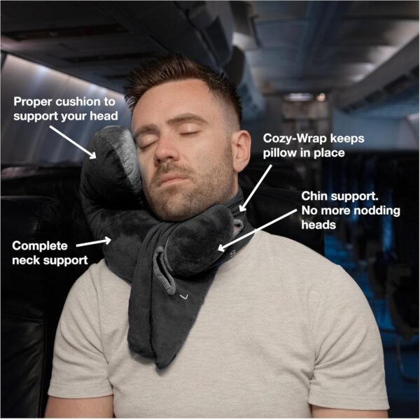 Travel Pillow Plus Wrap. Chin Supporting Travel Pillow for Airplane Sleeping - Flight Pillow Supports Your Head, Neck & Chin, 2024 Updated Version (Black/Silver) - Image 3