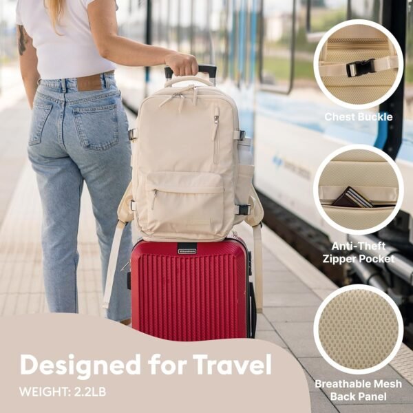 (Not Made In China) Travel Backpack For Men and Women, Airline Approved Carry On Bag w/Shoe Compartment, Holds 15.6" Laptop, USB Charging Port (Beige) - Image 4