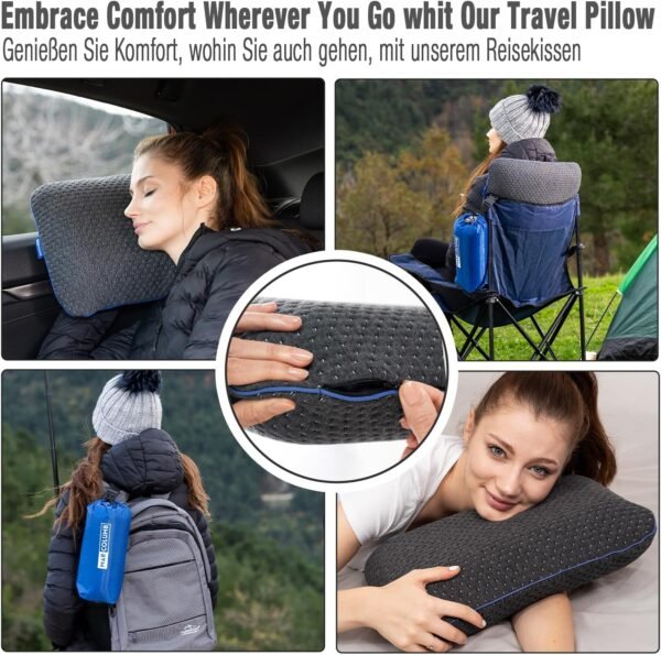 Travel & Camping Comfortable Memory Foam Pillow – Easy to Carry Portable Bag – Temperature Regulating Pillow Case - Perfect for Travelling (Grey) - Image 3