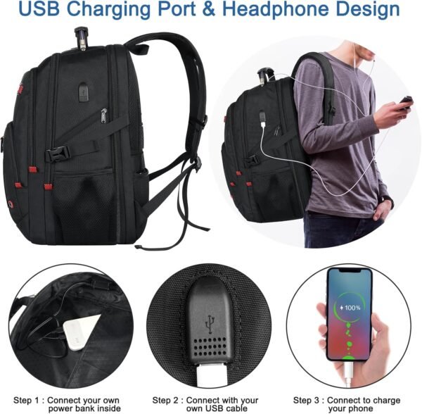 Z-MGKISS Extra Large Travel Backpack, TSA Backpack 17.3 Inch, 50L Anti Theft 17 Inch Big Business Laptop Backpack for Men & Women, Water Resistant College Rucksack Bag with USB Port, Black - Image 6