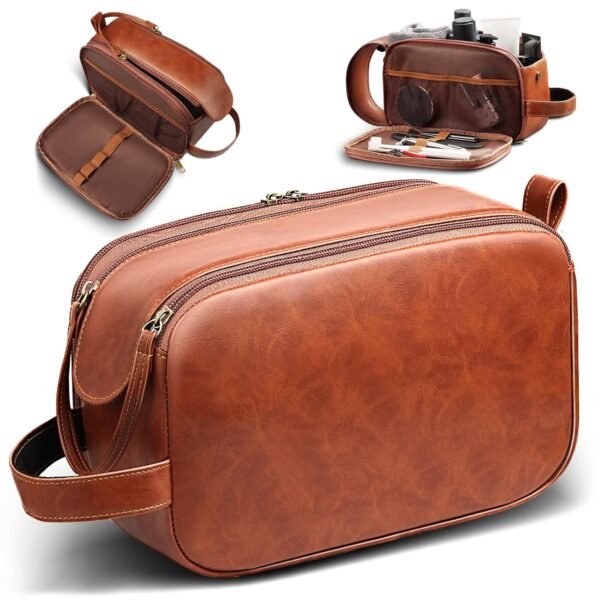 HOTOR Travel Toiletry Bag for Men - Leather Water Resistant Toiletries Organizer with Handle, Versatile Travel Cruise Ship Essentials, Brown, Medium