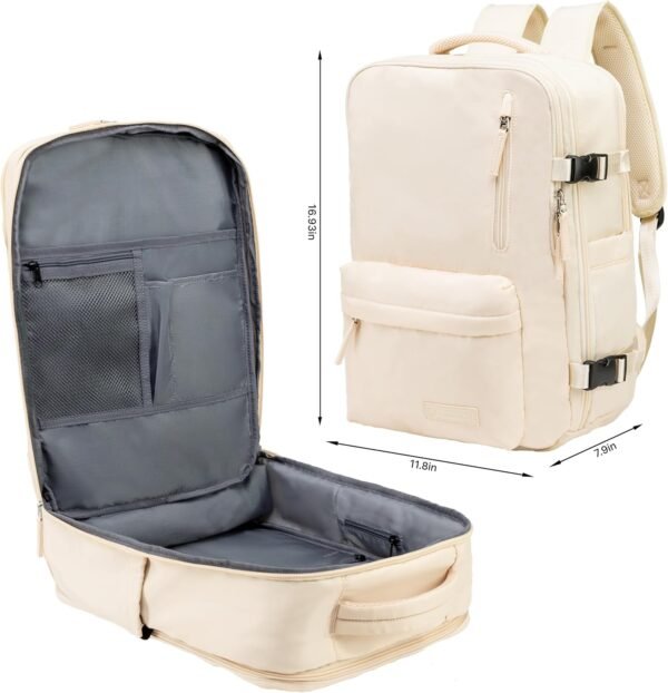 (Not Made In China) Travel Backpack For Men and Women, Airline Approved Carry On Bag w/Shoe Compartment, Holds 15.6" Laptop, USB Charging Port (Beige) - Image 2