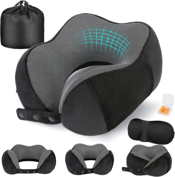 Neck Pillow for Traveling, Travel Pillows for Airplanes,100% Pure Memory Foam Travel Neck Pillow, Adjustable Flight Pillow, Portable Plane Accessories with Eye Mask, Earplugs, Carry Bag