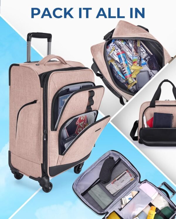 BAGSMART Expandable Carry on Luggage Airline Approved, Lightweight Carry on Suitcase with Spinner Wheels, Family Travel Suitcase with Duffle Bag - Pink - Image 3