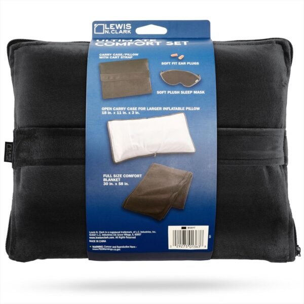 Lewis N. Clark Ultimate Comfort Set + Portable Travel Kit for Airplane, Includes Inflatable Pillow + Zippered Carrying Case, Cozy Fleece Blanket, Eye Mask for Sleeping & Foam Ear Plugs, Black - Image 8