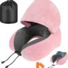 Travel Pillow, Neck Pillow for Travel with Hood for Airplane, Velvet Memory Foam Neck Pillow Women Lady Head & Neck Support, for Long Flights Plane, Office, Cars Sleeping & Rest (Pink)