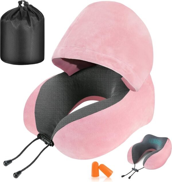 Travel Pillow, Neck Pillow for Travel with Hood for Airplane, Velvet Memory Foam Neck Pillow Women Lady Head & Neck Support, for Long Flights Plane, Office, Cars Sleeping & Rest (Pink)