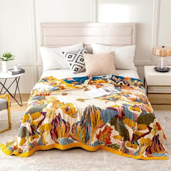 Boho Throw Blanket for Couch 100% Cotton Throw Blanket Floral Bed Blanket 80''x90'', Cotton Quilts Travel Blanket Knitted Muslin Blanket Home Decor Cozy Blankets for Women - Image 2