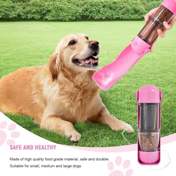 Dog Water Bottle with Food Container and Poop Bag Holder,Portable Pet Dispenser, Foldable Puppy Water Cup Dispenser for Outdoor Walking, Travel, Hiking (Pink, 10 oz) - Image 4