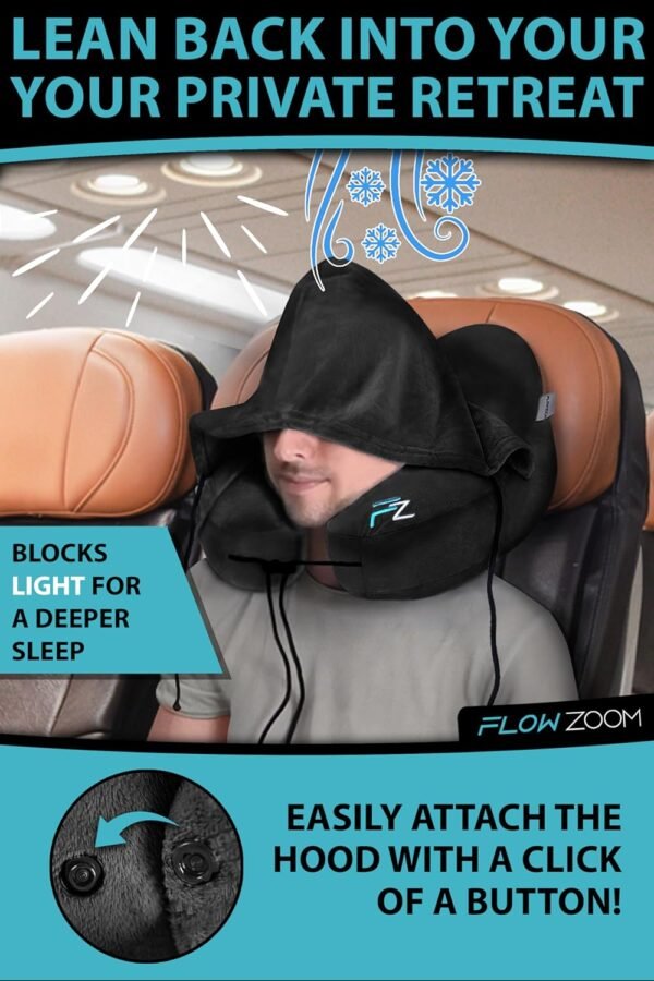 AIR Inflatable Travel Pillow - Hooded Neck Pillow Airplane - Travel Neck Pillow - Car & Plane Pillow - Airplane Pillow for Long Flight - Inflatable Neck Pillow for Traveling on Plane - Black - Image 6
