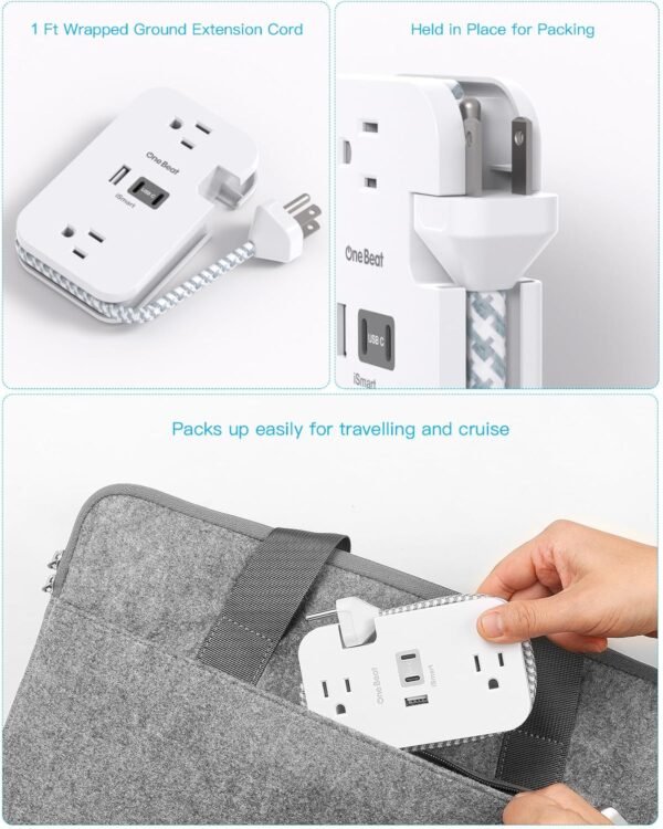 Travel Essentials, Cruise Ship Power Strip with USB Ports, 2 Outlets 3 USB (2 USB C) Wrapped Short Extension Cord 12 inches Desktop Charging Station Power Strip for Travel Hotel Cruise Must Haves - Image 3