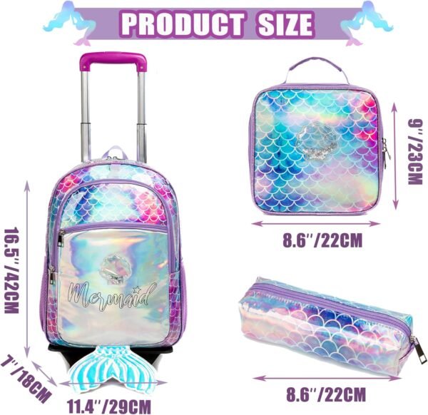 Mermaid Rolling Backpack for Girls Backpack with Wheels for Elementary Girls with Lunch Box Wheeled Trolley Suitcase Travel Luggage - Image 2