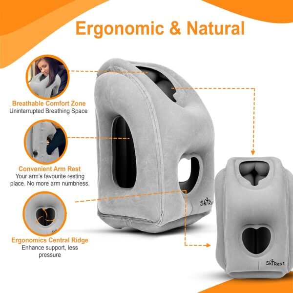 Inflatable Travel Pillow - Airplane Pillow for Neck Support on Long Flights, Buses, Cars, Office & Trains - Comes with Eye Mask, Earplugs & Portable Drawstring Bag - Grey - Image 5
