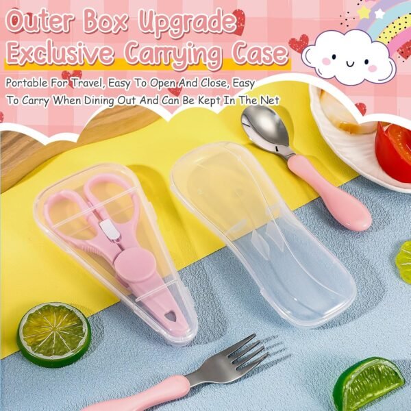3 Pieces Toddler Utensils with Case 1 Pcs Toddler Fork and Spoon 1 Pcs Baby Food Scissor with Safety Lock Stainless Steel Baby Silverware Set Toddler Travel Essential for Safe Dining (Pink) - Image 6