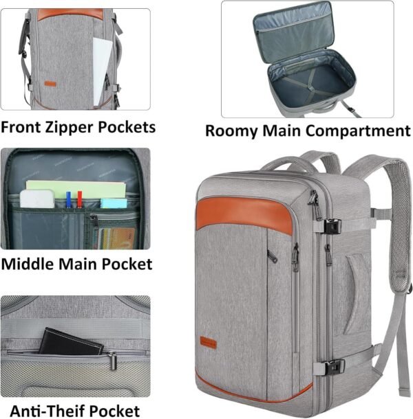 Vancropak Carry on Backpack, Extra Large 40L Airline Approved Travel Backpacks with 3 Packing Cubes for Women Men, Water Resistant Expandable Overnight Luggage Daypack Business Weekender Bag, Grey - Image 6