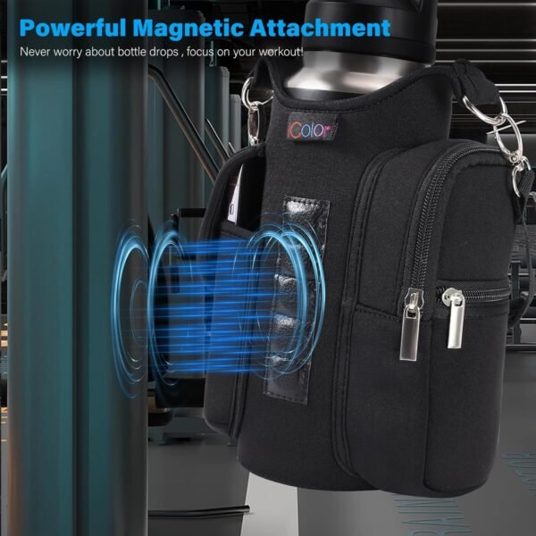 icolor Gym Magnetic Bag Water Bottle Holder Gym Bottle Carrier Bag with Phone Pockets & Handle Shoulder Strap Gym Accessories Organizer for Men Women,5 Built-in Magnets Gym Bag Pouch Sleeve - Image 2