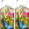 Blue Butterfly Luggage Tag,Tulip Flowers Luggage Tags of Set 2 Leather Identifiers Privacy Cover with Stainless Steel Loop for Women Men Travel Bag Suitcase