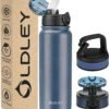 Oldley Insulated Water Bottle 20oz Water Bottles with Straw, Stainless Steel Water Bottle with 3 Lids, Double Wall Vacuum Bottels for Adults Kids,Leak-Proof Sport Bottles for School Travel, Navy Blue