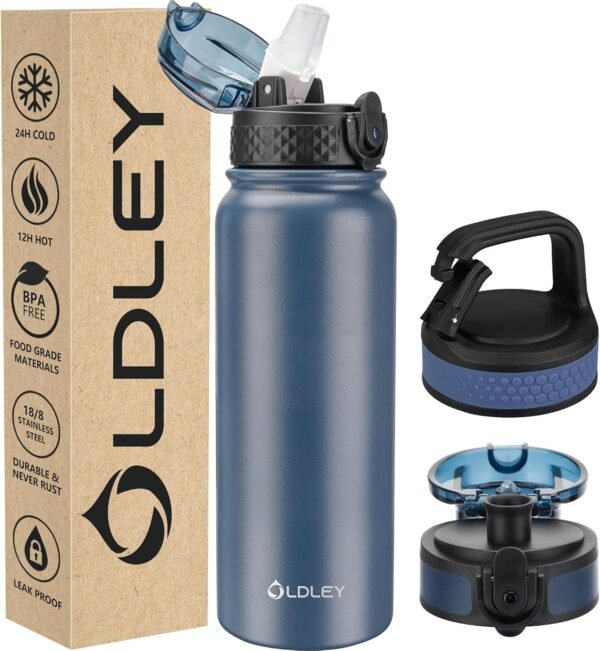 Oldley Insulated Water Bottle 20oz Water Bottles with Straw, Stainless Steel Water Bottle with 3 Lids, Double Wall Vacuum Bottels for Adults Kids,Leak-Proof Sport Bottles for School Travel, Navy Blue