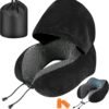 Travel Pillow, Neck Pillow for Travel with Hood for Airplane, Velvet Memory Foam Neck Pillow Adult Head & Neck Support, for Long Flights Plane, Office, Cars Sleeping & Rest (Black)