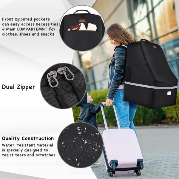 Car Seat Travel Bag,Padded Car Seats Backpack with Steel Cable Handle and Reflective Stripes, Large Durable Carseat Carrier Bag,Airport Gate Check Bag,Infant Seat Travel Bag with Shoulder Strap,Black - Image 5