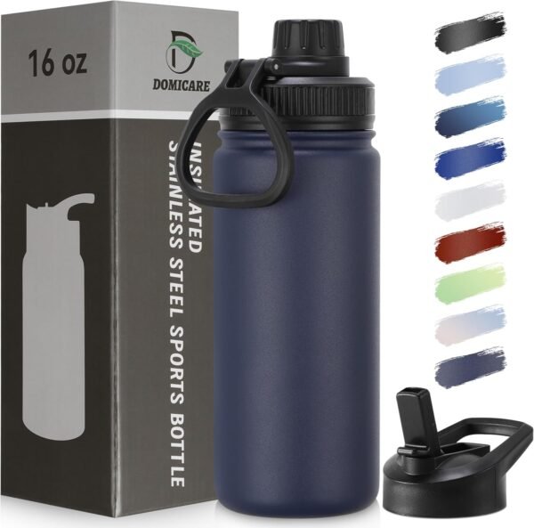 DOMICARE 16 oz Kids Water Bottle for School Stainless Steel Double Wall Vacuum Insulated Water Bottle with Straw lids & Spout Lid, Leakproof BPA Free (Navy,1)