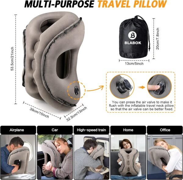 Inflatable Travel Pillow,Multifunction Travel Neck Pillow for Airplane to Avoid Neck and Shoulder Pain,Support Head,Neck,Used for Sleeping Rest, Airplane and Home Use,with Eye Mask, Earplugs,Gray - Image 6