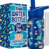 Stainless Steel 14 OZ Kids Water Bottle with Straw | BPA-Free Insulated Water Bottle with Leak-Proof Lid | Dinosaur Kids Water Bottle for School | Kids Stainless Steel Water Bottles