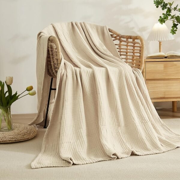 EMME Cotton Throw Blanket Large 50"x70" 100% Muslin for Couch Breathable Gauze All Season Soft and Lightweight Pre-Washed (Light Tan) - Image 5