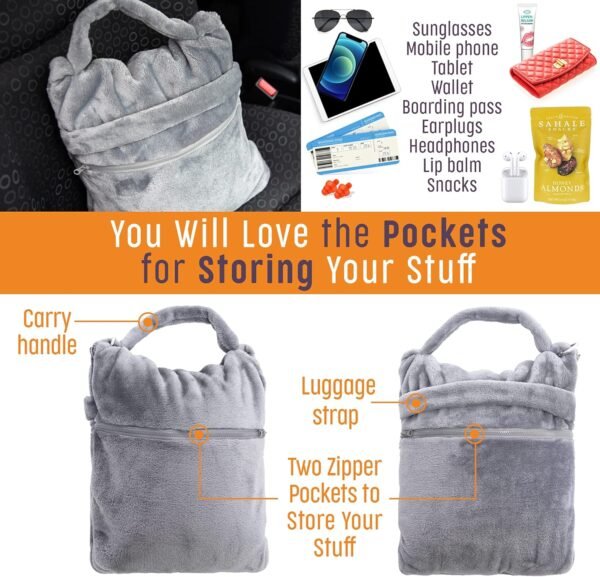 Travel Blanket – Wearable Compact Airplane Blanket - Double Zippered Pockets for Storage –Soft, Lightweight, Packable, & Cozy Throw Blanket for Travel, Car – Easy to Carry & Fold Up - Image 4