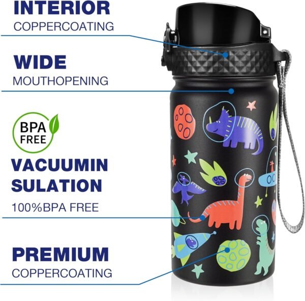 GOPPUS Kids Insulated Water Bottle - 14 Oz BPA Free 18/8 Stainless Steel Travel Bottle with Straw Water Bottle with Double Wall Vacuum Leak Proof Kids Cup for School Boys Girls, Space dinosaur - Image 2