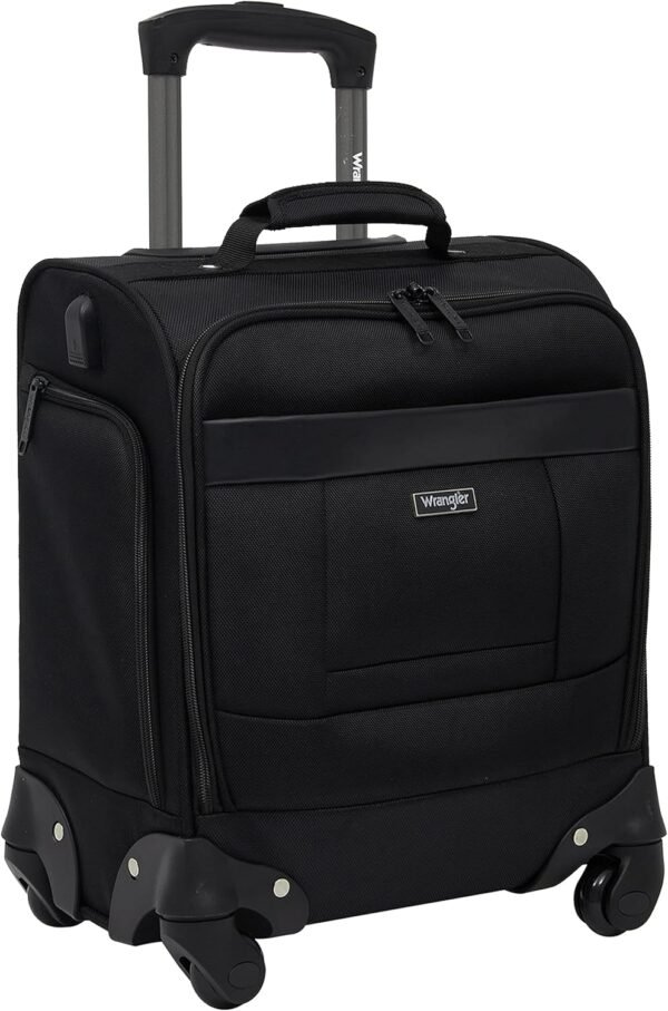 Wrangler 4-Wheel Spinner Luggage with Side USB Port, Black, 17-Inch Underseat Carry-On