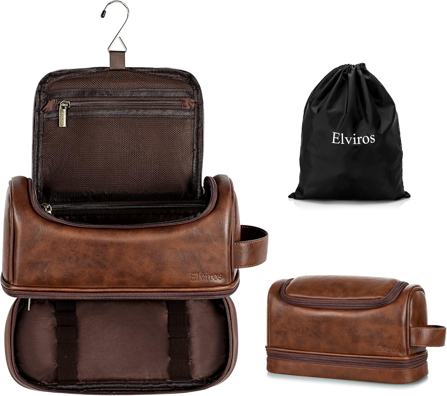 Elviros Toiletry Bag, Mens Leather Travel Organizer Kit with hanging hook, Large Water-resistant Toiletries Bathroom Shaving Bags for Women (Dark Brown)