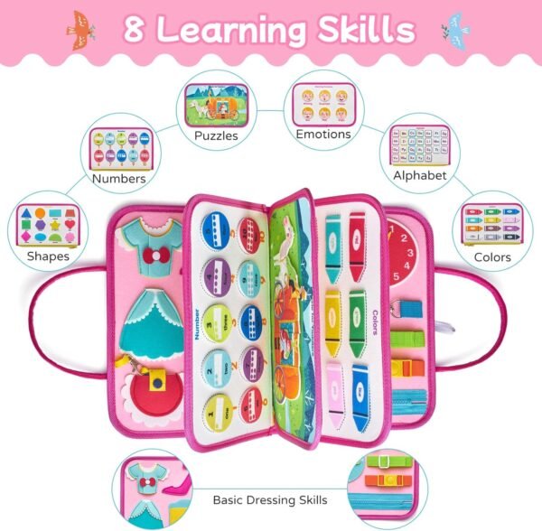 Freebear Busy Board Toddler Travel Toys Quiet Book Sensory Toys for Toddlers 1 2 3 4, Montessori Toys for Toddler Activities Board, Educational Toys for 3 4 Year Old Girls Boys Gift, Princess - Image 3