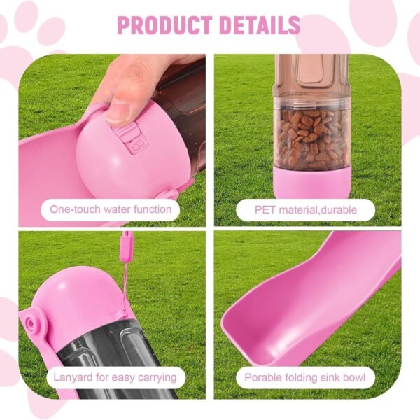 Dog Water Bottle with Food Container and Poop Bag Holder,Portable Pet Dispenser, Foldable Puppy Water Cup Dispenser for Outdoor Walking, Travel, Hiking (Pink, 10 oz) - Image 3