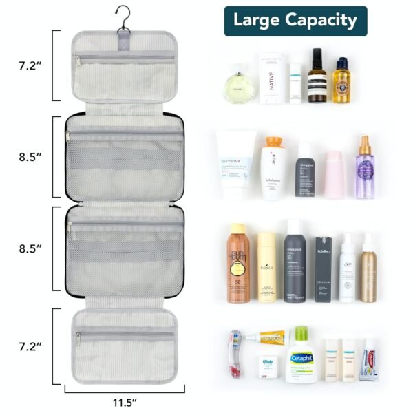 PAVILIA Hanging Toiletry Bag Travel Bag Women Men, Foldable Cosmetic Organizer, Roll up Makeup Bag, Water Resistant Accessories Toiletries, Large Travel Essentials Kit (Black Chevron) - Image 2