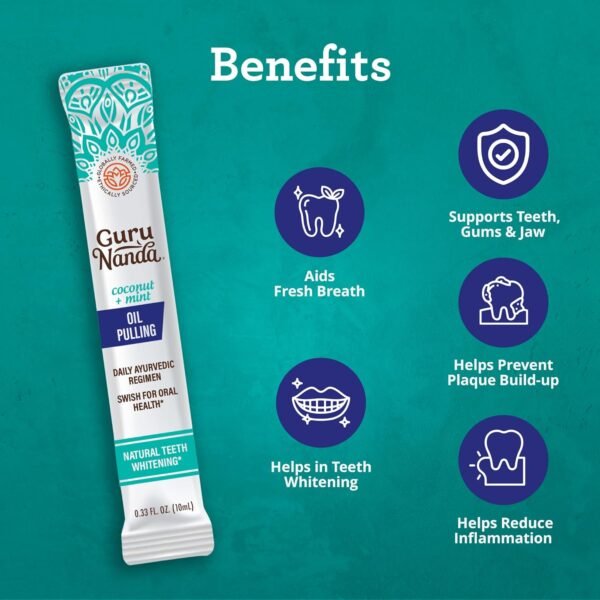 GuruNanda Travel Sachets Coconut Oil Pulling, 7 Essential Oils & Vitamins for Happy Gums - Fresh Breath & Whitening Mouthwash - 7 Pack - Image 3
