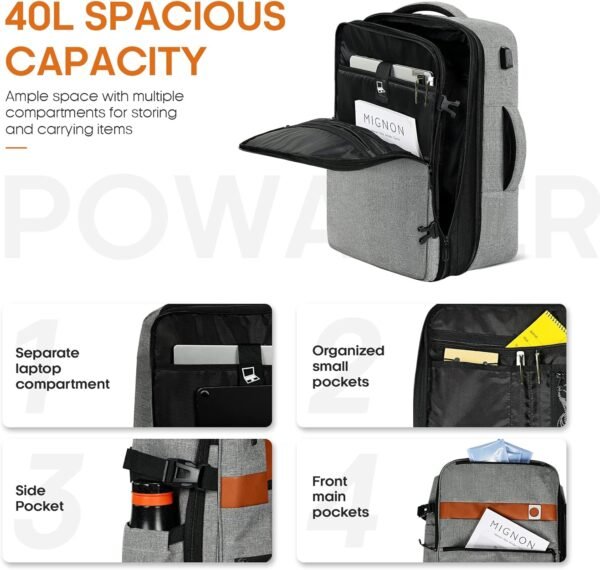 POWAITER Carry on Backpack, Large Travel Laptop Backpack 40L, 17 Inch Flight Approved Luggage Backpack for Men & Women with 4 Packing Cubes, Great for Airplanes - Cloud Gray - Image 5