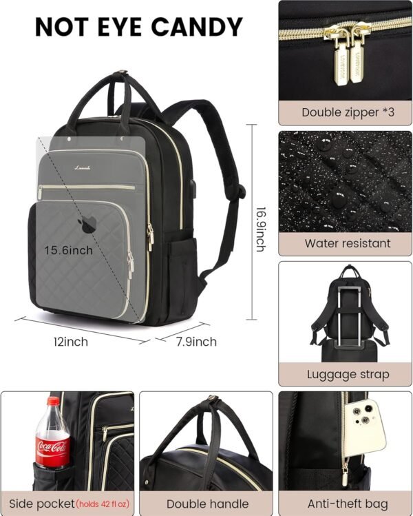 LOVEVOOK Laptop Backpack for Women, 15.6 Inch, Black, Quilted Commuter Backpack with USB Charging Port, Water Resistant, Lightweight Travel Work Backpack - Image 6