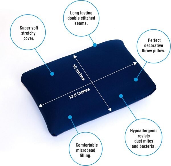 Cushie Pillows Travel Microbead Squishy Pillow for Neck Pain - 13.5 x 10 inches Rectangle - Navy Blue - Image 2