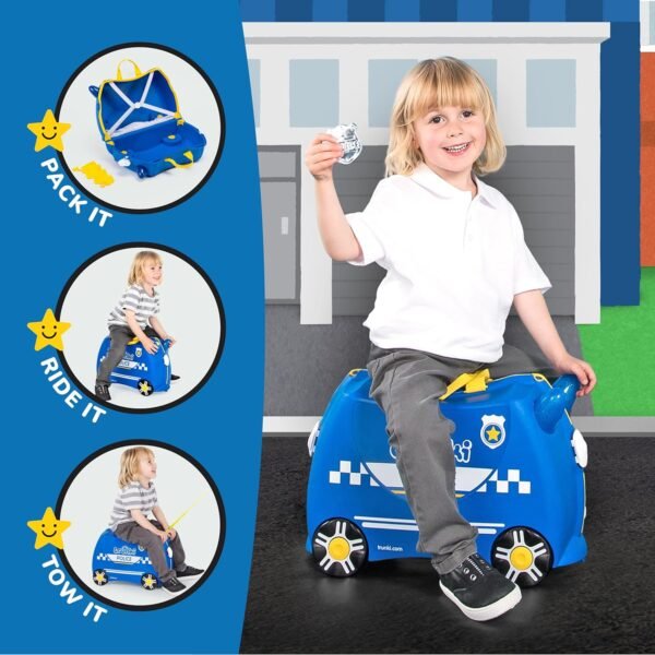 Trunki Ride-On Kids Suitcase | Tow-Along Toddler Luggage | Carry-On Cute Bag with Wheels | Airplane Travel Essentials: Percy Police Car Blue - Image 3
