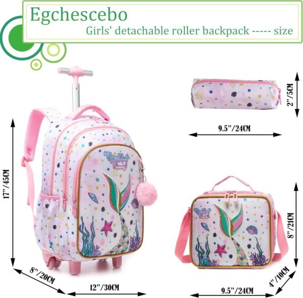 Egchescebo Kids Rolling Backpack for Girls Mermaid Suitcases Trolley Roller Luggage Backpacks on Wheels with Lunch Box Pencil Case for Elementary Multiple Compartment Pockets Travel School Bag Pink - Image 2